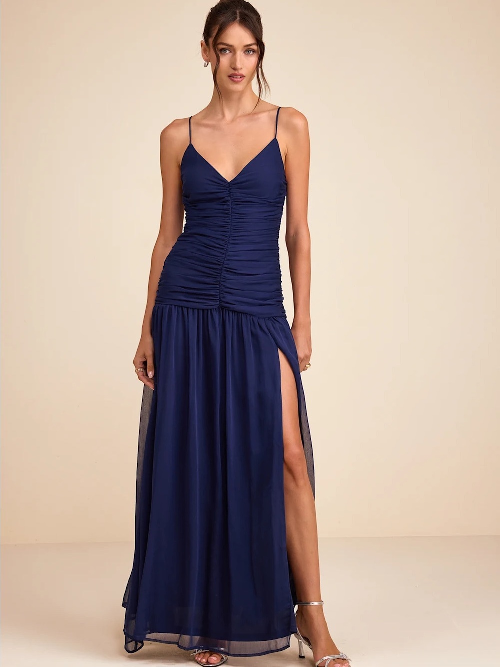 Lulu's Navy Ruched Spaghetti-Strap Maxi Gown - Picture 5 of 9